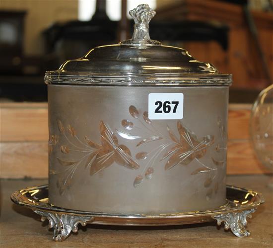 Edwardian plated mounted cut glass biscuit box and cover